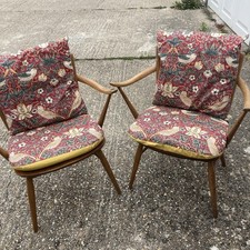 Pair Of Ercol Chairs With William Morris Style Cushions Strawberry Thief