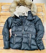 Zara Ladies Puffa Parka Coat Green Size Medium 10/12 Khaki Fur Hood Jacket