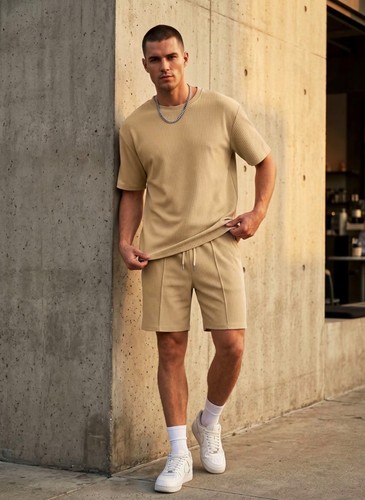 Mens beige casual ribbed short - mens,
