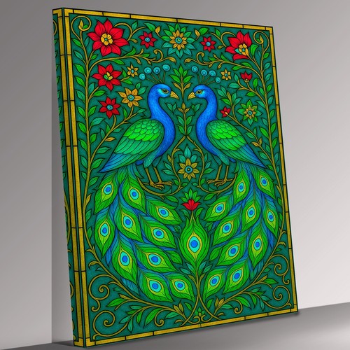 Two peacocks stained glass - two,