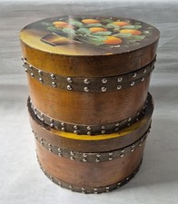 Vintage Hand Painted Wooden Hat Boxes x2 Floral Cottage Nesting Storage Set VGC