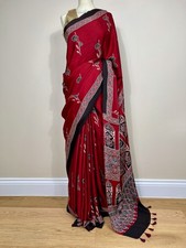 Red Ajrakh Pure Modal Silk Tasseled Ethnic Designer Saree for Wedding &Party