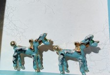 Vintage American 1950s Poodle Mini Brooch Pair, Gemstone Eyes, Gold Collar