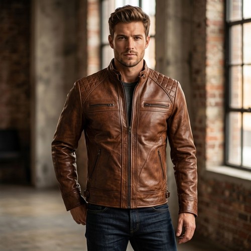 Men genuine leather biker - leather,
