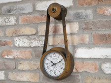 Industrial Clock Pulley Style Wall Mounted Rust Metal 43cm Vintage Retro Quartz
