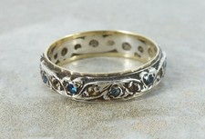 9k GOLD & SILVER Vintage Round Blue & White SPINEL Eternity Ring, P, 2.62g - H09