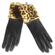 “SUZY SMITH” DESIGNER STUNNING BLACK REAL LEATHER GLOVES - FAUX FUR CUFFS - NEW!