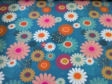Cotton Jersey Fabric Retro Flowers On Teal