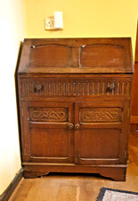 Oak Bureau Writing Vintage Antique Slope Fronted Drawers & Cupboard Solid Wood