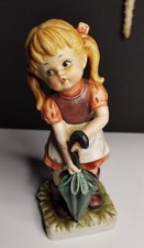 Little Girl with Apron & Umbrella Vintage Ceramic Retro Figurine