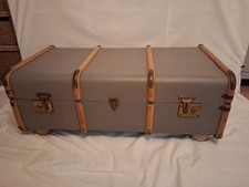 Vintage Original Grey  Shipping Steamer Trunk, Chest ,Table With Wooden Feet