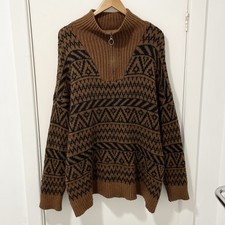Aerie Oversized Fair Isle Jumper Women's XL Brown High Neck 1/4 Zip Wool Knit