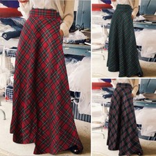UK Women Check Plaid High Waist Long Skirts Back Zipper Pockets Maxi Skirt 8-24