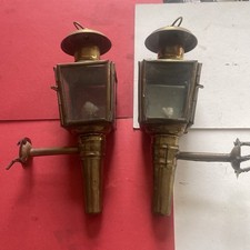 Pair of Vintage Brass Carriage Coach Lights / Oil Lamps Lanterns with Wicks