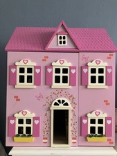 Vintage Pink Large Wooden Doll House with Dolls and Furniture