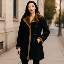 Vintage Dennis Basso Women Winter Coat Size XL Black Faux Fur Button Up Retro