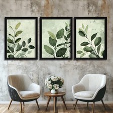 Set of 3 Green Botanical Wall Art Prints Minimalist Leaf Prints Nature Artwork 