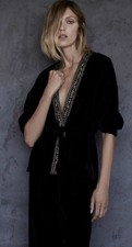 BNWT ZARA Size S Black Velvet Kimono Style Jacket. Gold Beading, Tie Belt.