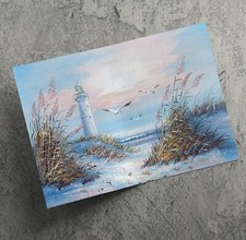 Scenic Lighthouse Beach Seaside Oil Effect Poster Wall Art Print Painting Canvas