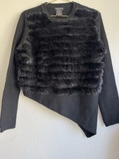 Black Rabbit Fur Asymmetric Hem Knit Sweater Long Sleeve Preppy Heritage Sz: S