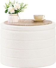 Folding Round Ottoman Stool AUCTION Coffee Table Large White Fabric Hidden space