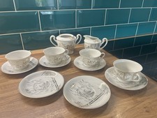 Vintage Japanese Eggshell Porcelain Tea Set No Teapot Gold Bamboo Design 1950s