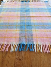Vintage Pram Rug Blanket Fringe Check pink blue white yellow 70 x 80 plus fringe