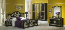 Greek Key Versace Italian High Gloss Black & Gold Bed Set With 4 Door Wardrobe
