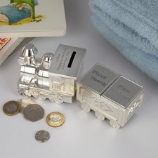 Personalised Engraved Train Money Box Christening Baptism Gift For Baby Boy