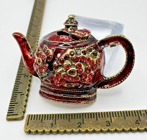 Gold teapot brooch - brooch, red