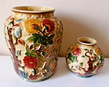 2 x Vintage H J Wood Indian Tree Pottery Vases Staffordshire Hand Painted