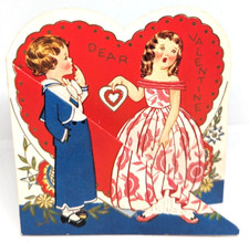 Vintage Used 1930's 1940's Boy Girl Heart Valentines Greeting Card (EB9683)