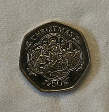 1993 Isle of Man Unc 50p Christmas Coin, Framed Nativity Scene, BB? die mark. AU