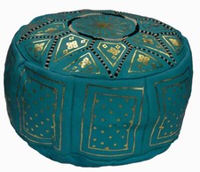 Pouf Moroccan Hassock Poof Handmade Leather Ottoman Footstool Medium Turquoise