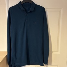 All Saints Men's Polo Shirt Size Medium Teal Blue Long Sleeve