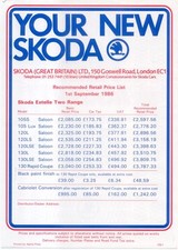 Skoda Original UK  Price  List  1986 105S 105L 120L 130L Rapid Coupe