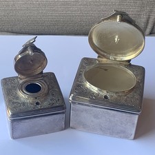 2 x Antique Victorian Silver Plated Travelling Inkwells (C466)