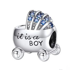 S925 Sterling Silver It is a Boy Baby Carriage Buggy Bead Charm For Bracelet