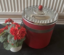 VINTAGE RETRO SILVER COLOURED METAL COAL BUCKET WITH LID & LINER RED DECOR.