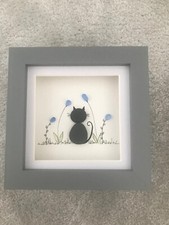 Sea Glass/ Pebble Cat & Flowers Animals Art Framed Wall Picture 12cm Great Gift
