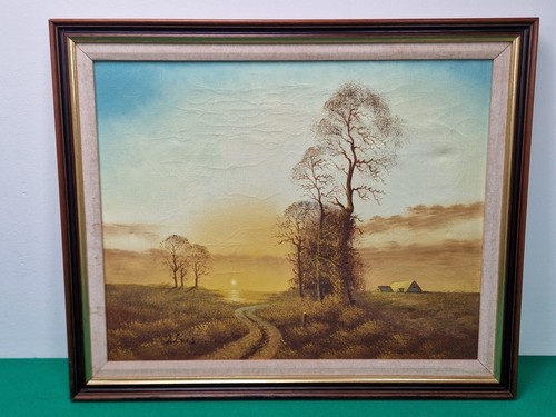Framed sunrise landscape oil - landscape,