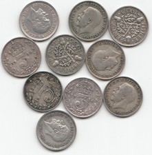 GEORGE V 10 Silver Threepence - Mixed dates 1911 to 1936 (10 different dates) 