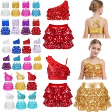 Kids Girls Sequins Crop Top with Skirt Samba Rumba Latin Jazz Hip Hop Costume 