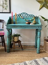 Indian Console Table With Carved Detail, Hand Painted Distressed Chippy Paint