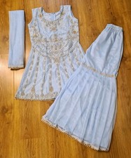Sky Blue Indian Sharara Suit Rhinestones, Pearls, Adjustable Waist - Age 11 