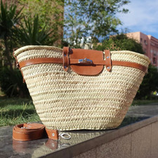 Handmade Woven palm straw french baskets with brown leather straps