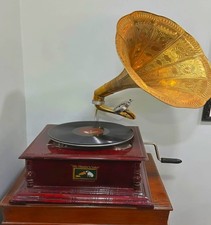 Antique Handmade Gramophone: Brass & Wood Wind-Up Record Player