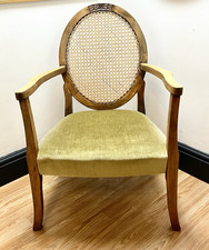 Vintage Wooden Bergere Armchair with Caned Oval Back and Green Velvet Seat