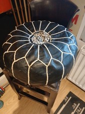 Vintage Handmade Black Leather Stitched Pouffe Decorative Indian Foot Stool