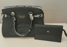NEW Prada Large Tote handbag forest/bottle green with blk&wht crocodile contrast